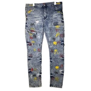 Demolition Jeans Men 38x32 Distressed Acid Wash Slim Fit Paint Splattered Denim